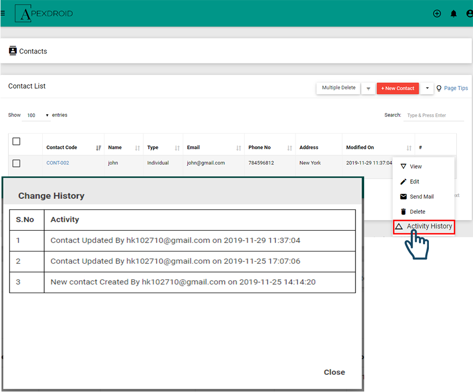 Track Contact activity history