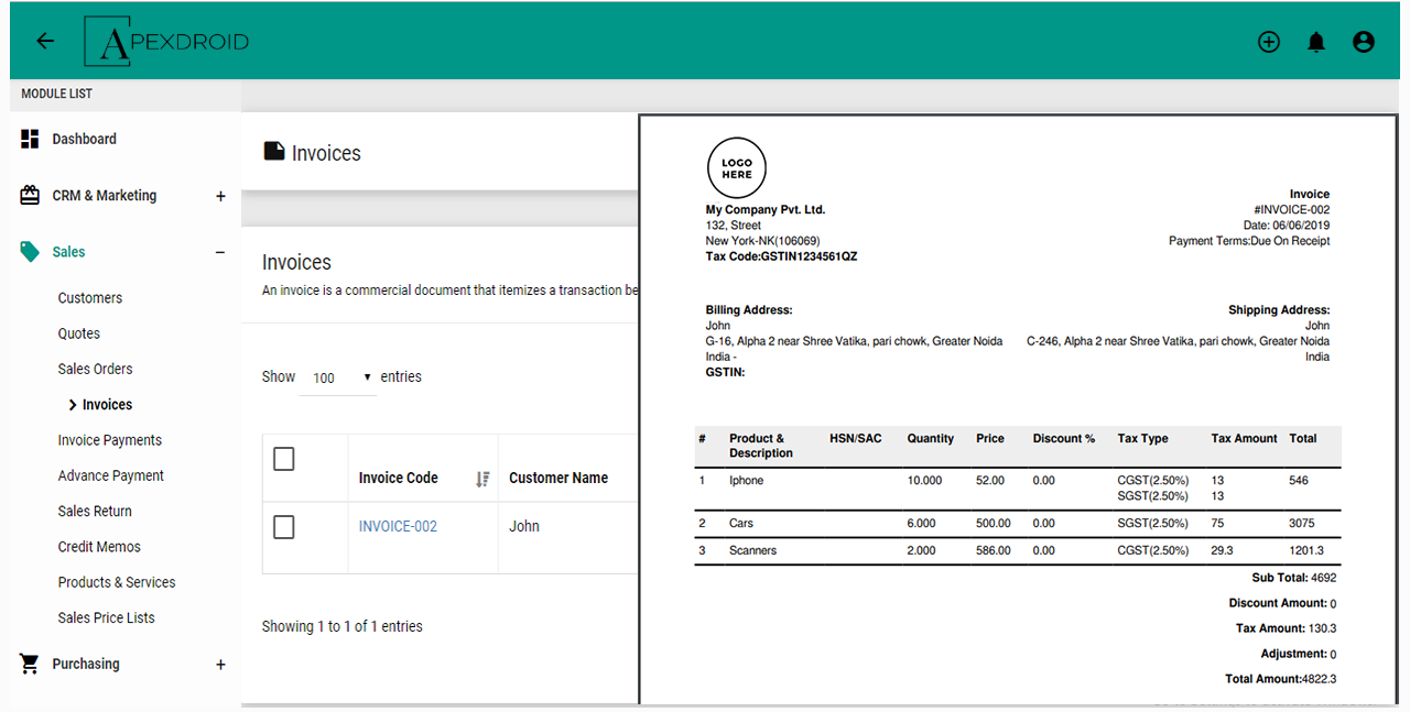 Send beautiful & professional Invoices to the Customer